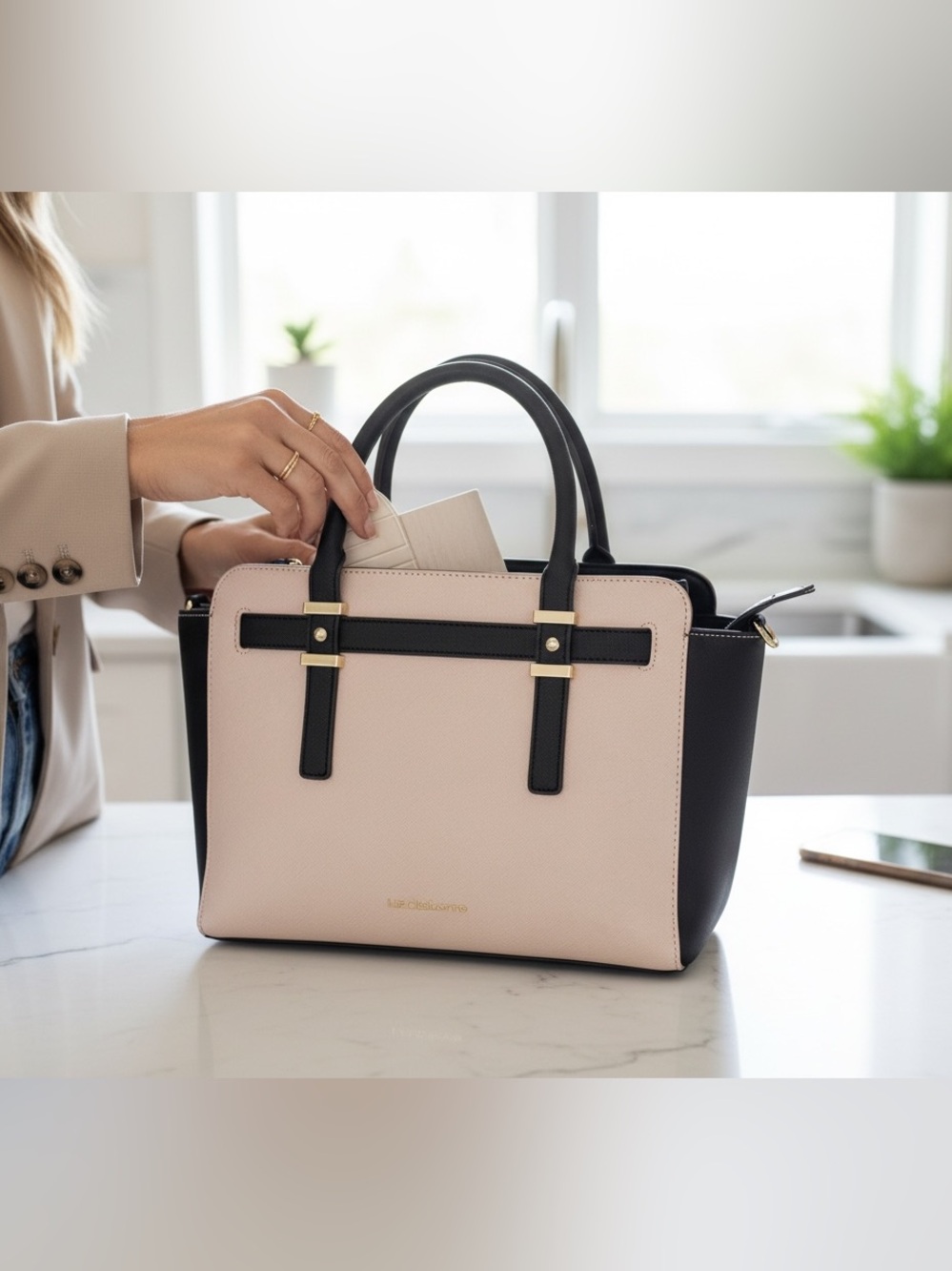 Liz Claiborne Blush and Black Structured Tote with Gold Accents